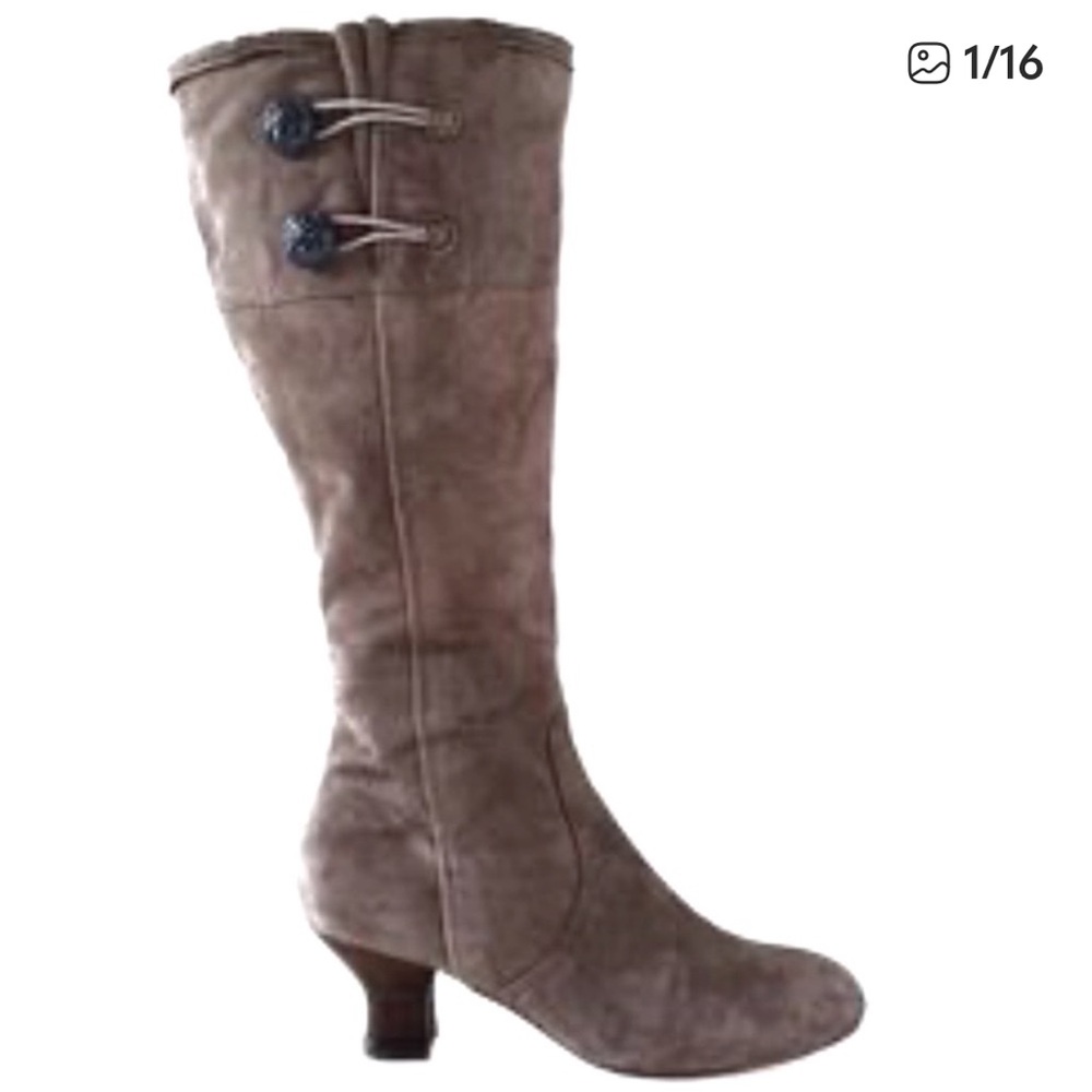 Maya Anthropologie Dalia gray suede boots with button detail on top